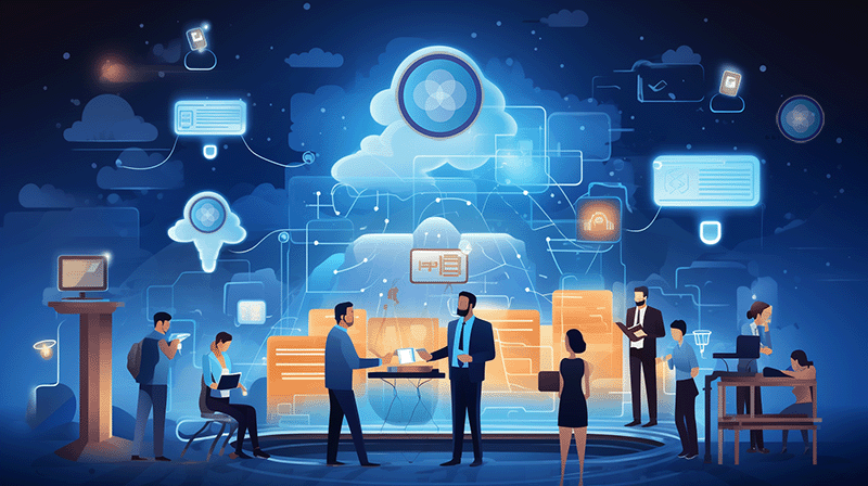 people engaging in digital marketing in a futuristis illustration.